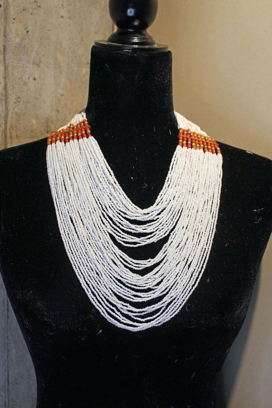 40 Strand Myanmar White with Red Accent Layered Beaded Necklace.